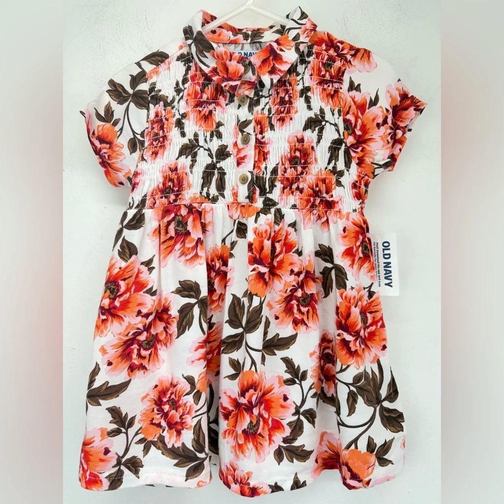 Old Navy size 18-24 Months Girls White Pink Floral Smocked Shirt Dress